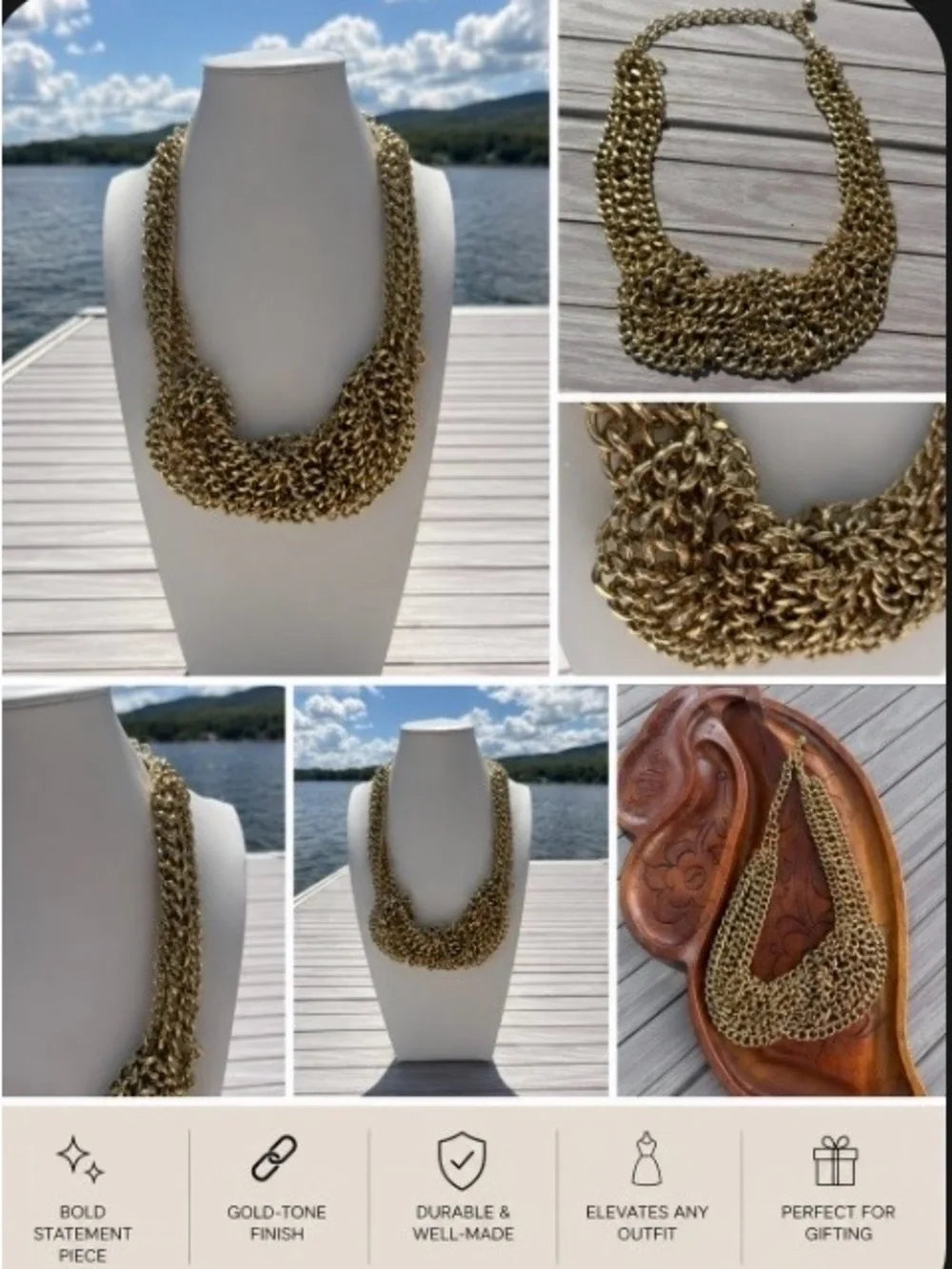 Vintage Chunky Multi-Strand Chain Statement Necklace Bib Draped Collar